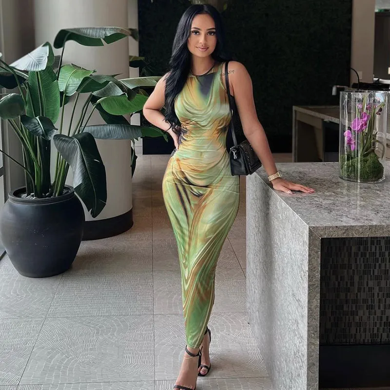 Women Sexy Fashion Tie-Dye Printing Bodycon Maxi Dress