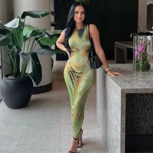 Women Sexy Fashion Tie-Dye Printing Bodycon Maxi Dress
