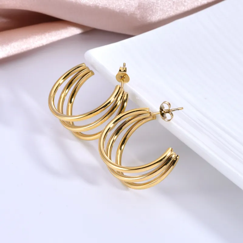Women Fashion Three-Layer C-Shaped Hollow Round Tube Titanium Steel Earrings