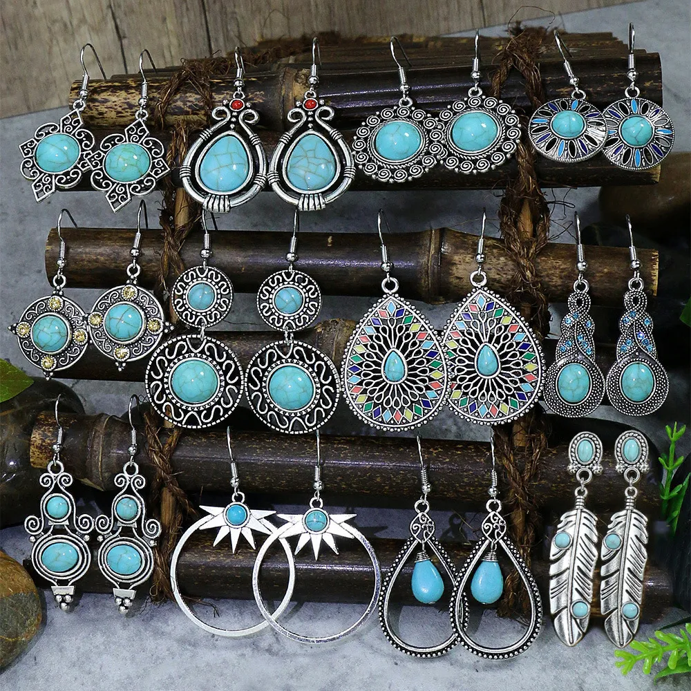 Women Retro Bohemian Turquoise Stud Earrings