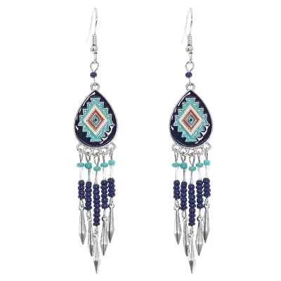 Women Bohemian Vintage Drop Shaped Handmade Rice Bead Woven Tassel Turquoise Earrings