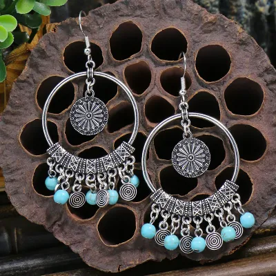 Women Bohemian Vintage Drop Shaped Handmade Rice Bead Woven Tassel Turquoise Earrings