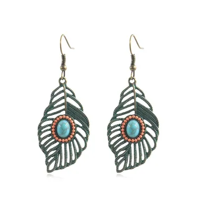 Women Bohemian Vintage Drop Shaped Handmade Rice Bead Woven Tassel Turquoise Earrings
