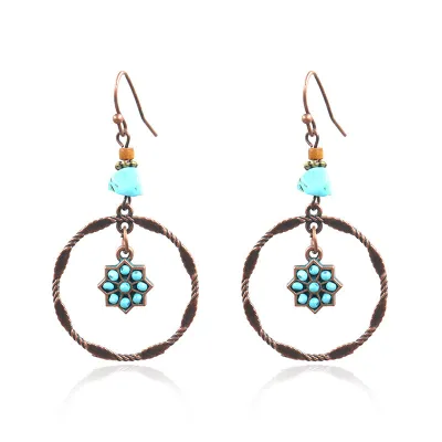 Women Bohemian Vintage Drop Shaped Handmade Rice Bead Woven Tassel Turquoise Earrings