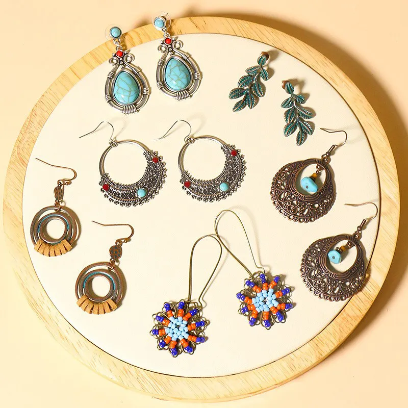 Women Bohemian Vintage Drop Shaped Handmade Rice Bead Woven Tassel Turquoise Earrings