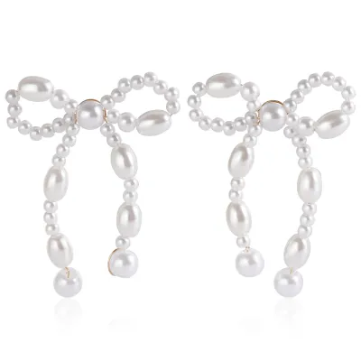 Vintage Imitation Pearl Geometric Bow Earrings for Women