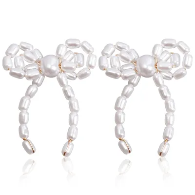 Vintage Imitation Pearl Geometric Bow Earrings for Women