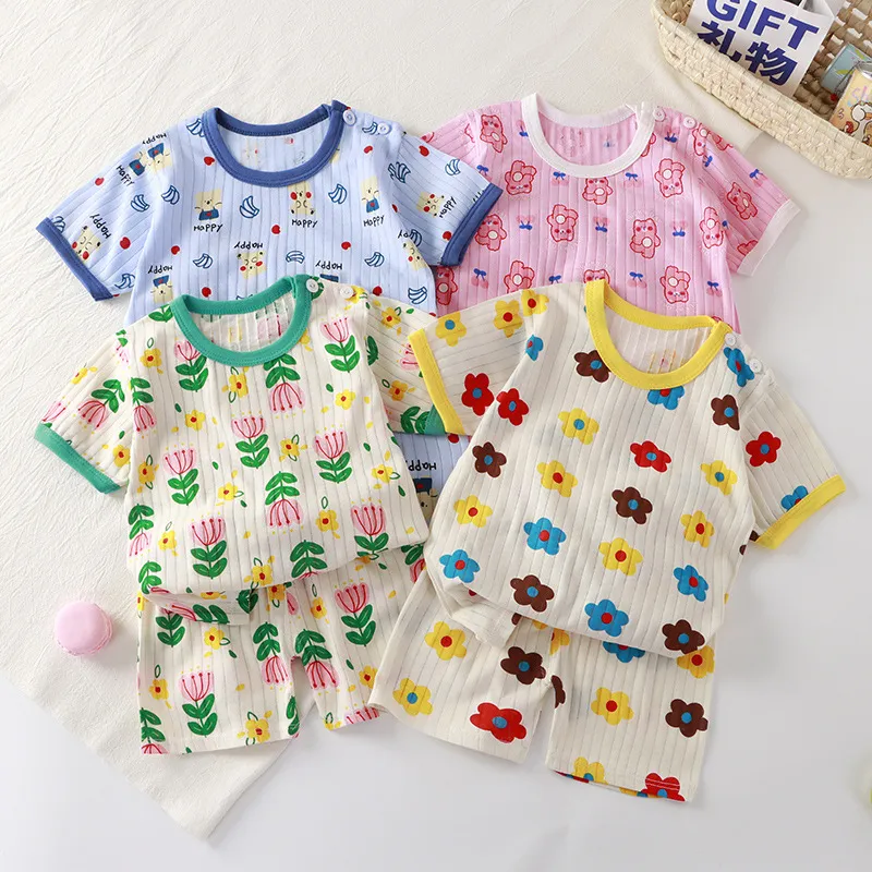 Kids Toddler Boys Girls Summer Casual Cute Cartoon Floral Print Short Sleeve T-Shirt and Shorts Set
