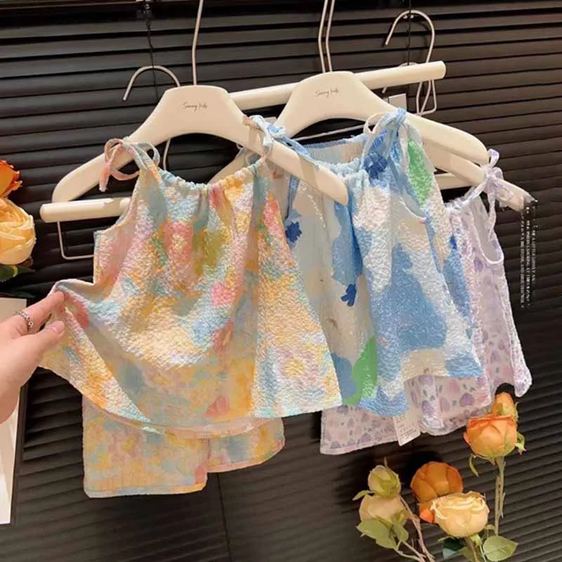 Kids Toddler Girls Summer Casual Cute Tie-Dye Tiny Flower Print Camisole Shorts Set
