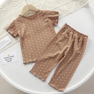 Kids Toddler Girls Cute Polka Dot Print Ice Silk Short Sleeve T-Shirt Trousers Set