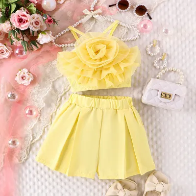 GirlS Fashion Solid Color Mesh Floral Camisole Solid Color Shorts Two-Piece Set