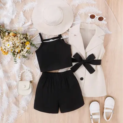 Girls' Fashion Camisole Leggings Lapel Sleeveless Suit Lace-Up Hat Set Cotton Solid Color Pullover Multi-Piece