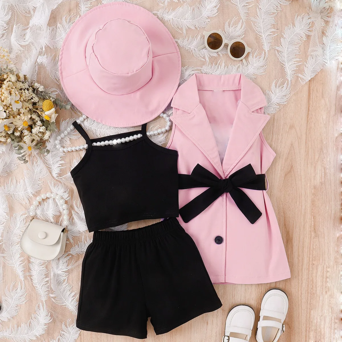 Girls' Fashion Camisole Leggings Lapel Sleeveless Suit Lace-Up Hat Set Cotton Solid Color Pullover Multi-Piece