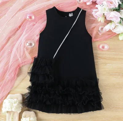 Girls' Princess Solid Color Mesh Stitching Sleeveless A-Line Dress