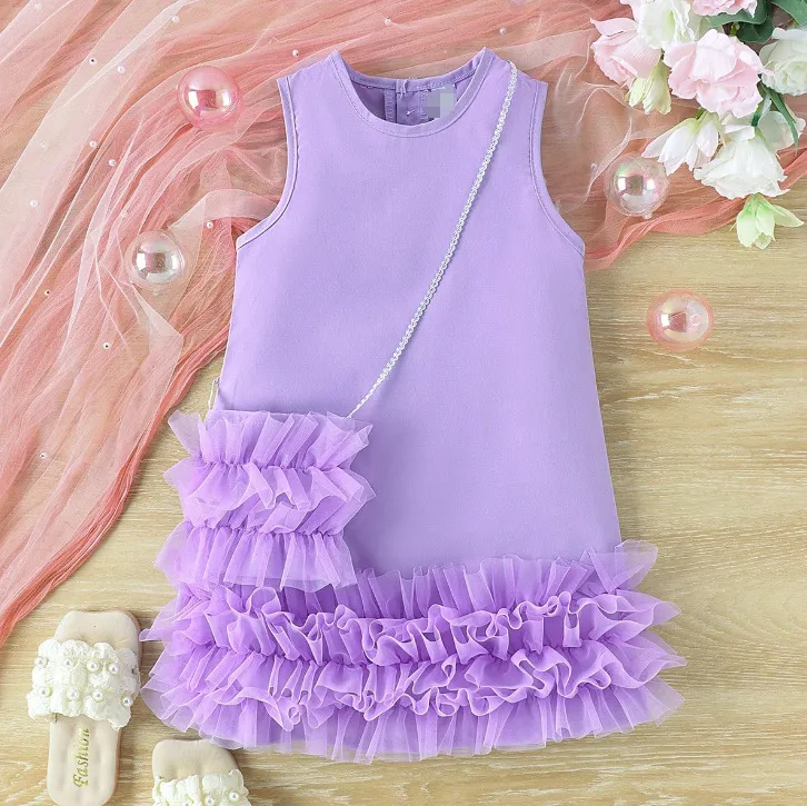 Girls' Princess Solid Color Mesh Stitching Sleeveless A-Line Dress