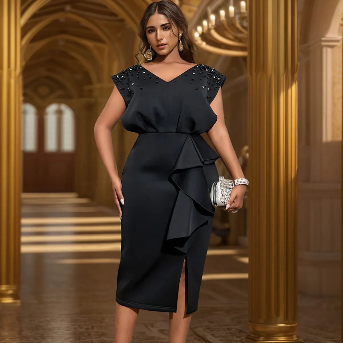 Summer Women Elegant V-Neck Sleeveless Beaded Banquet Party Dress