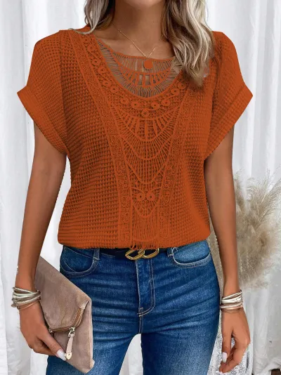 Spring And Summer Solid Color Lace Stitching Short Sleeve Women Casual Blouse