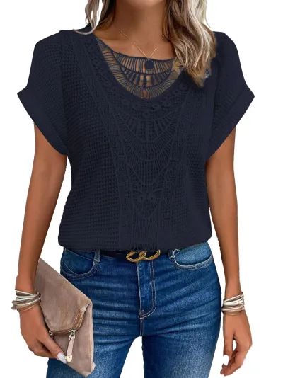 Spring And Summer Solid Color Lace Stitching Short Sleeve Women Casual Blouse