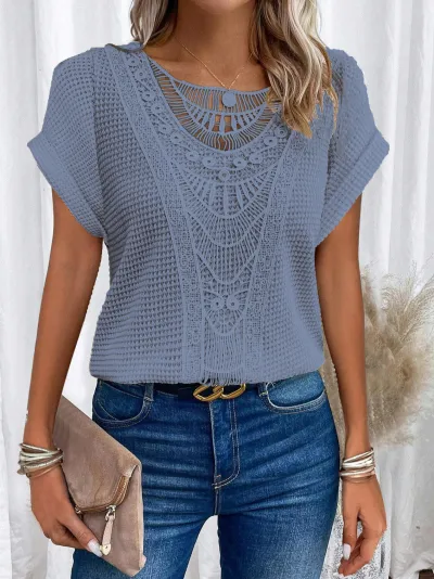 Spring And Summer Solid Color Lace Stitching Short Sleeve Women Casual Blouse