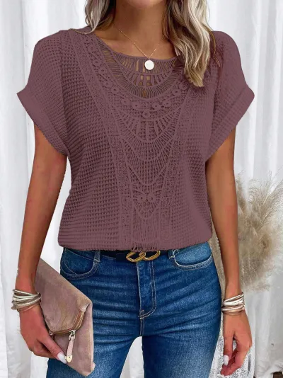Spring And Summer Solid Color Lace Stitching Short Sleeve Women Casual Blouse