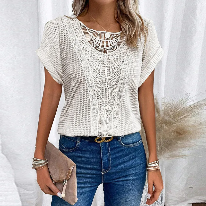 Spring And Summer Solid Color Lace Stitching Short Sleeve Women Casual Blouse