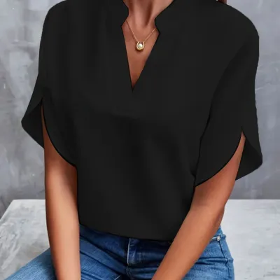 Women Summer V-Neck Blouse Solid Color Casual Short-Sleeved Pullover Elegant Loose Fit