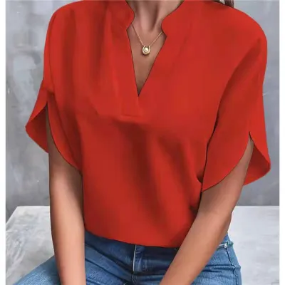 Women Summer V-Neck Blouse Solid Color Casual Short-Sleeved Pullover Elegant Loose Fit