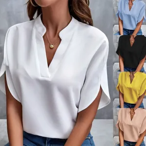 Women Summer V-Neck Blouse Solid Color Casual Short-Sleeved Pullover Elegant Loose Fit