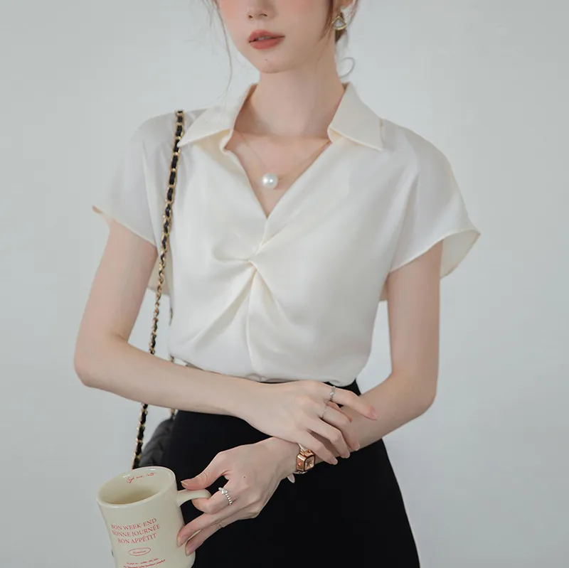 Elegant Women Office Chic Summer Short Sleeve Lapel V Neck Pullover Satin Blouse