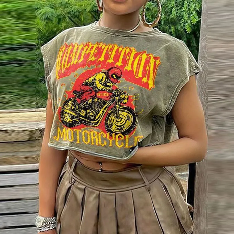 Women Summer Street Hipster Sleeveless Graphic Printed Loose Crop Top Vest