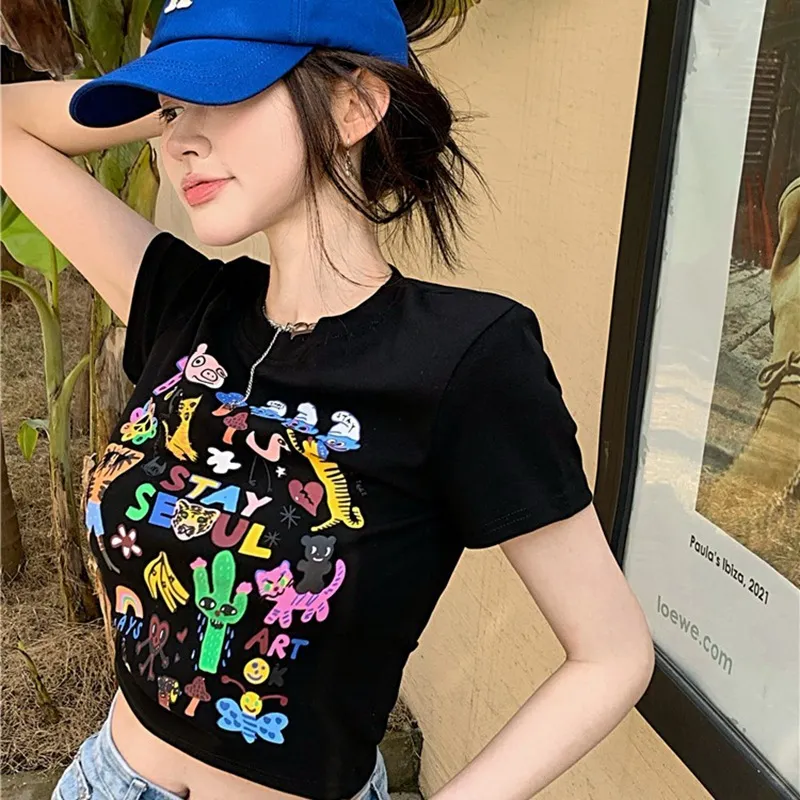 Edgy Women Summer Graffiti Print Short-Sleeved Crop Top