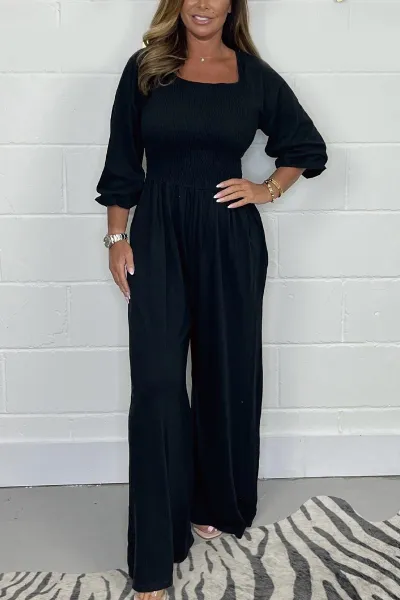 Summer Casual Women Comfortable Square Neck Short Sleeve Wide-Leg Jumpsuits