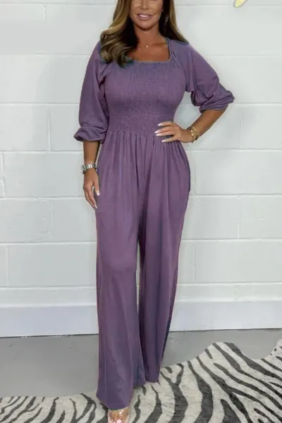 Summer Casual Women Comfortable Square Neck Short Sleeve Wide-Leg Jumpsuits