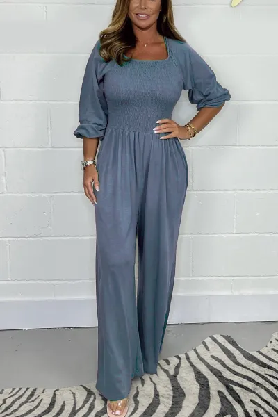 Summer Casual Women Comfortable Square Neck Short Sleeve Wide-Leg Jumpsuits