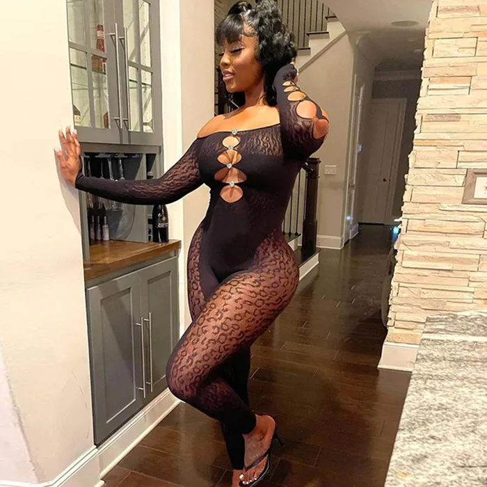 Sexy Siamese Rhinestone Women Leopard Mesh Off-Shoulder Long Sleeve Jumpsuits