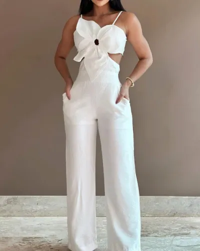Fashion Flower Design Women Spaghetti Strap Cut Out Jumpsuits