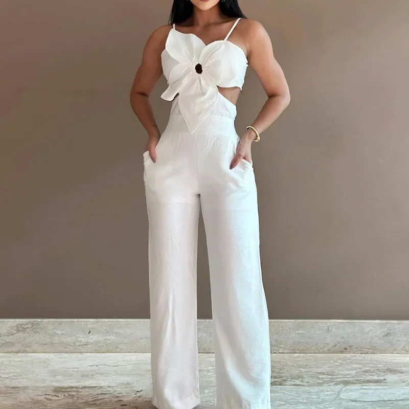 Fashion Flower Design Women Spaghetti Strap Cut Out Jumpsuits