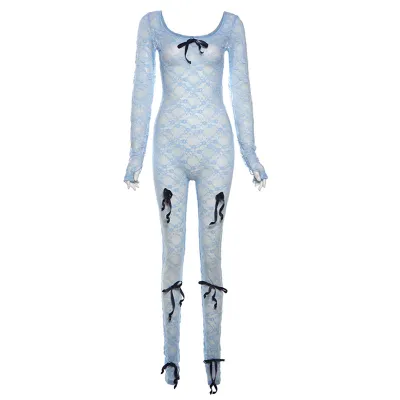 Women Sexy See-Through Hollow Lace Mesh High Waist Jacquard Tight Long Sleeve Jumpsuit