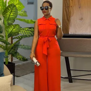 Women Summer Casual Lapel Pocket High Waist Loose Wide Leg Sleeveless Jumpsuit