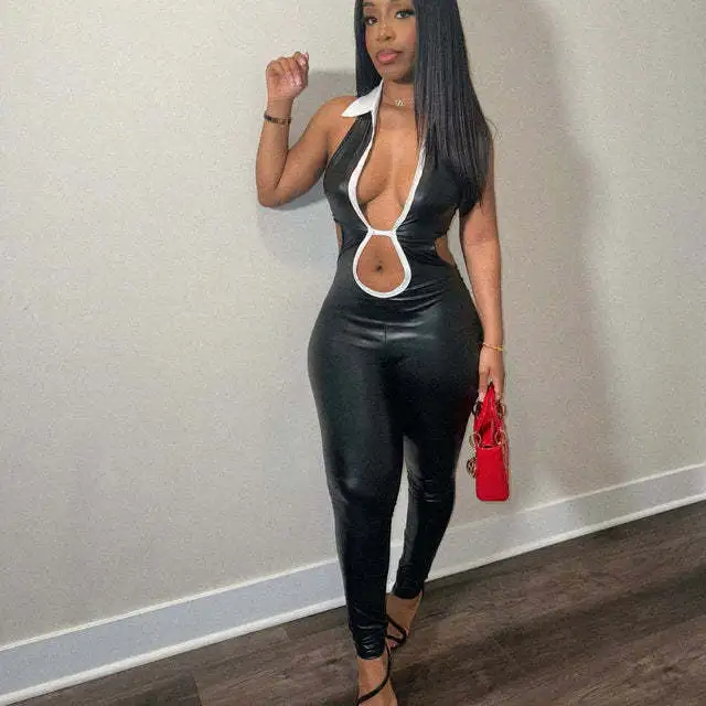Black White Contrast Color Cut Out Deep V Backless Lapel Halter Neck Tight Elastic PU Jumpsuit