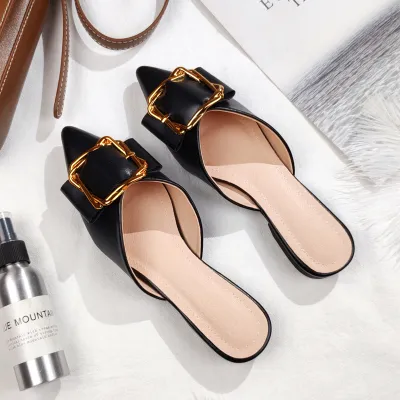 Women Simple Fashion Plus Size Pointed Toe Metal Buckle Detail Mule Shoes