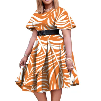 Summer Women Plus Size Floral Butterfly Printed Round Neck Short Sleeve Large Swing Dress