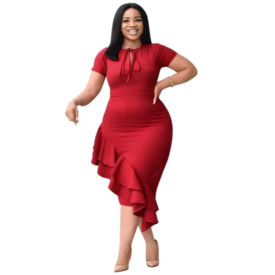 Women Fashion Solid Color Plus Size Lace-Up Ruffled Dress