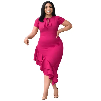 Women Fashion Solid Color Plus Size Lace-Up Ruffled Dress