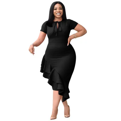 Women Fashion Solid Color Plus Size Lace-Up Ruffled Dress