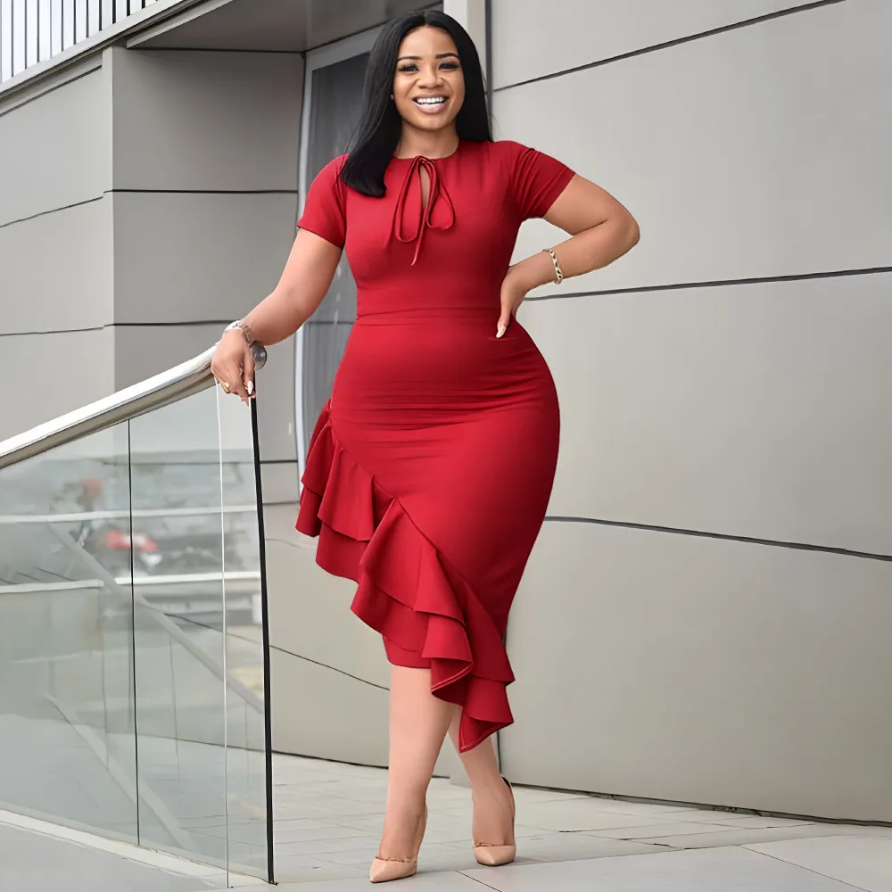 Women Fashion Solid Color Plus Size Lace-Up Ruffled Dress