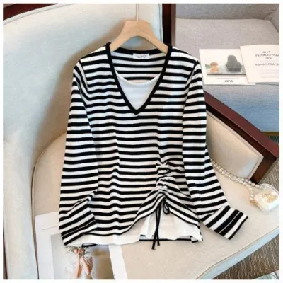 Women Fashion Casual Plus Size Stripe Drawstring Fake Two-Piece T-Shirt Top