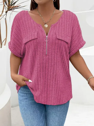 Summer Women Casual Plus Size V-Neck Zipper Short Sleeve Top