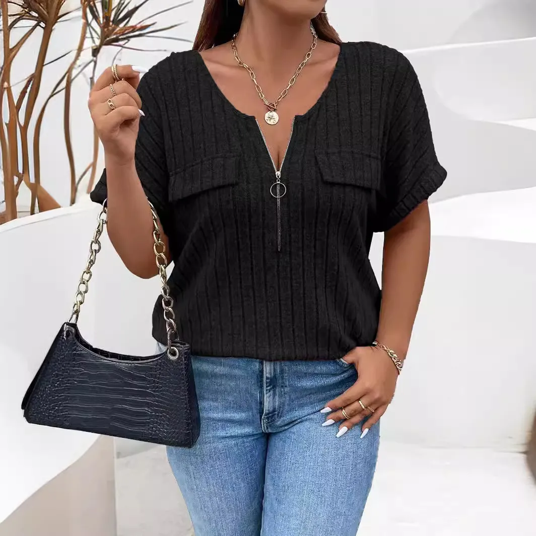 Summer Women Casual Plus Size V-Neck Zipper Short Sleeve Top
