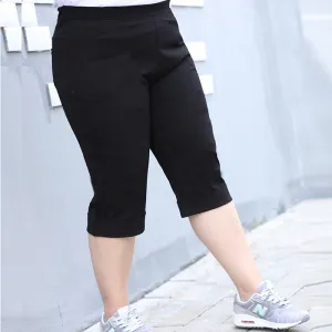 Summer Women Casual Plus Size Solid Color Loose High Waist Capri Pants